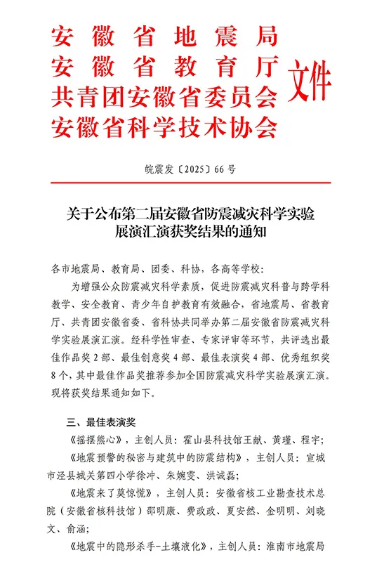 安徽省核科技馆荣获第二届安徽省防震减灾科学实验展演汇演最佳表演奖